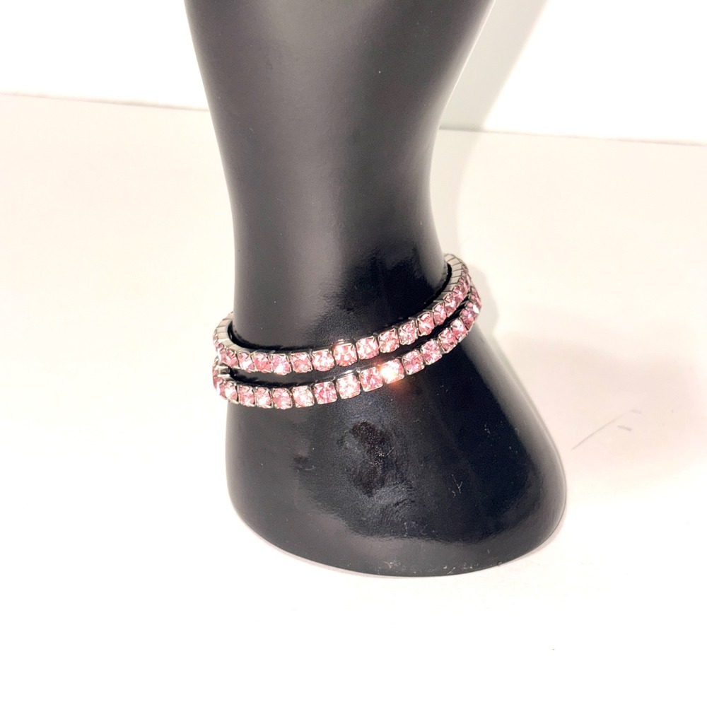 Pink Rhinestone Silver Tone Stretch Tennis Bracelet Set of 2 Bangle Extendable - Picture 6 of 11